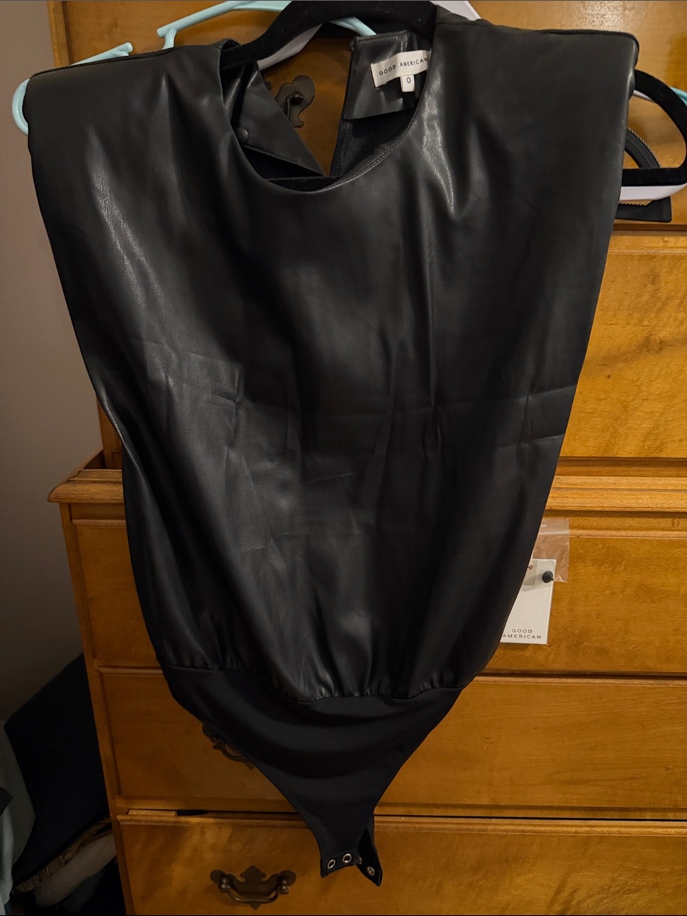 Good American Black Faux-Leather Bodysuit